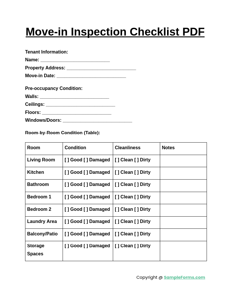 move in inspection checklist pdf