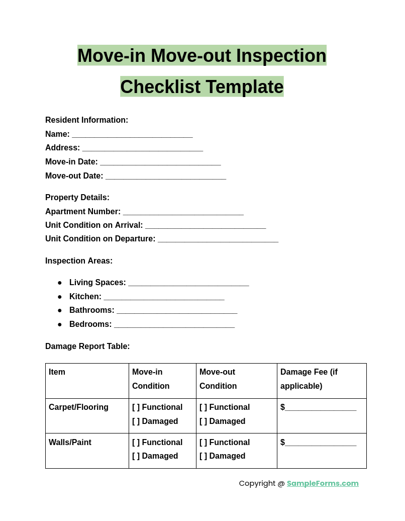 move in move out inspection checklist template