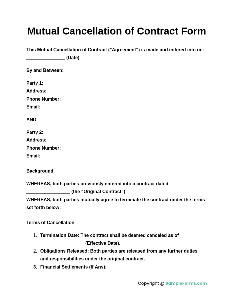 mutual cancellation of contract form