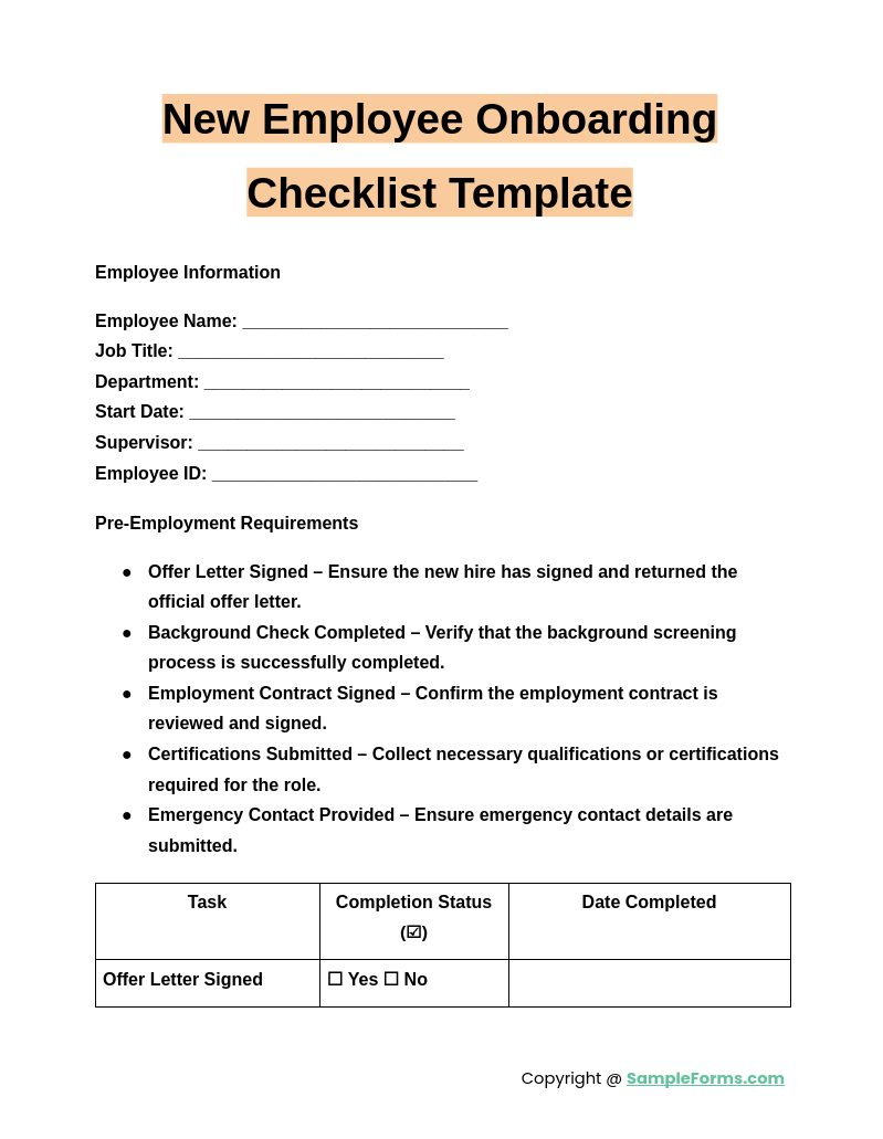 new employee onboarding checklist template