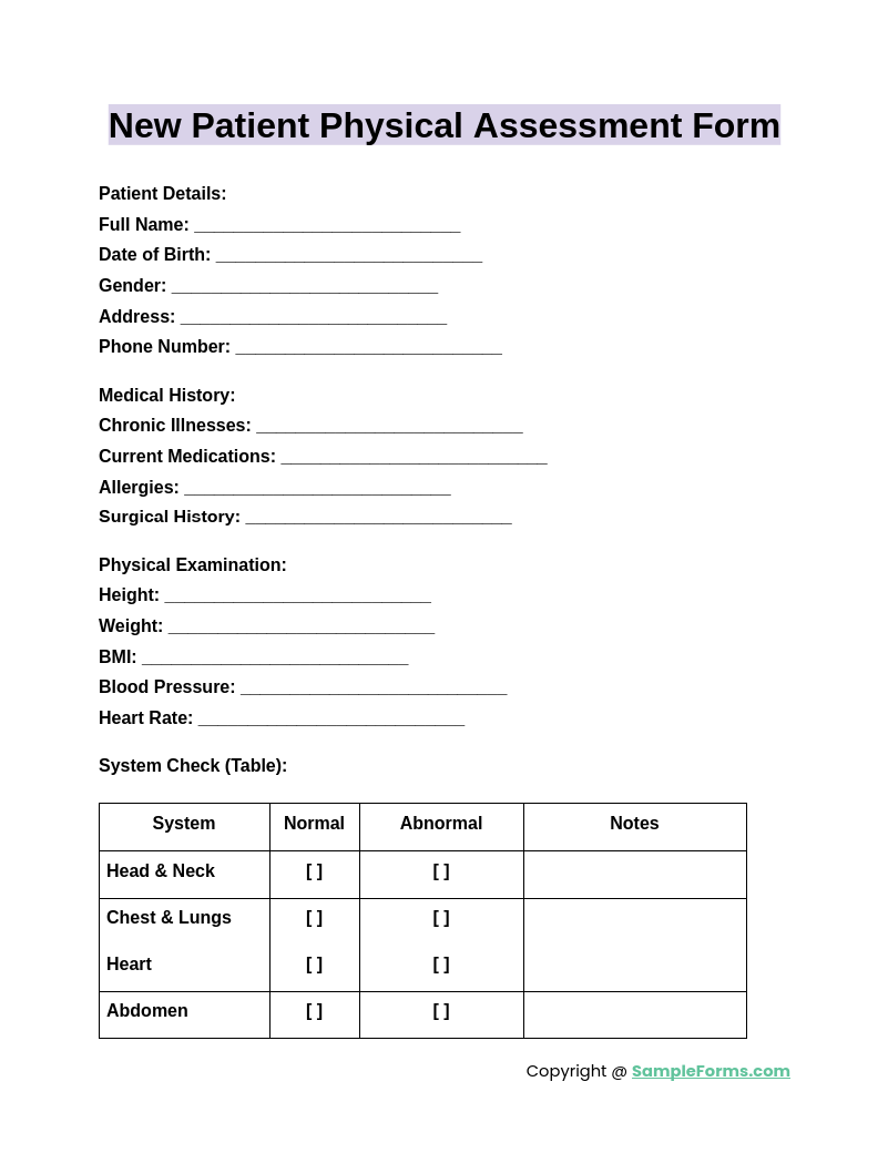 new patient physical assessment form