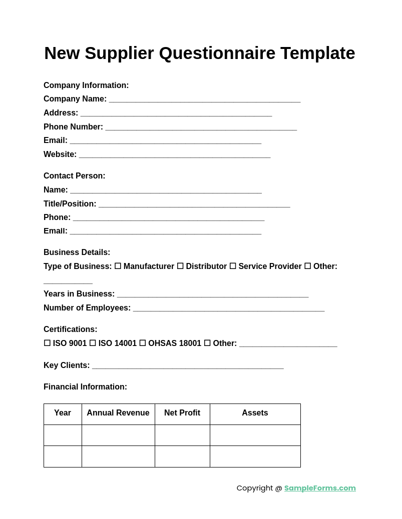 new supplier questionnaire template