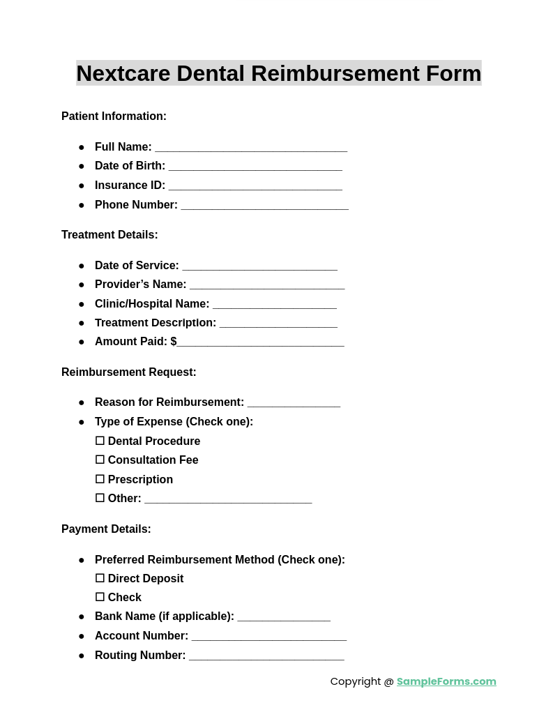 nextcare dental reimbursement form