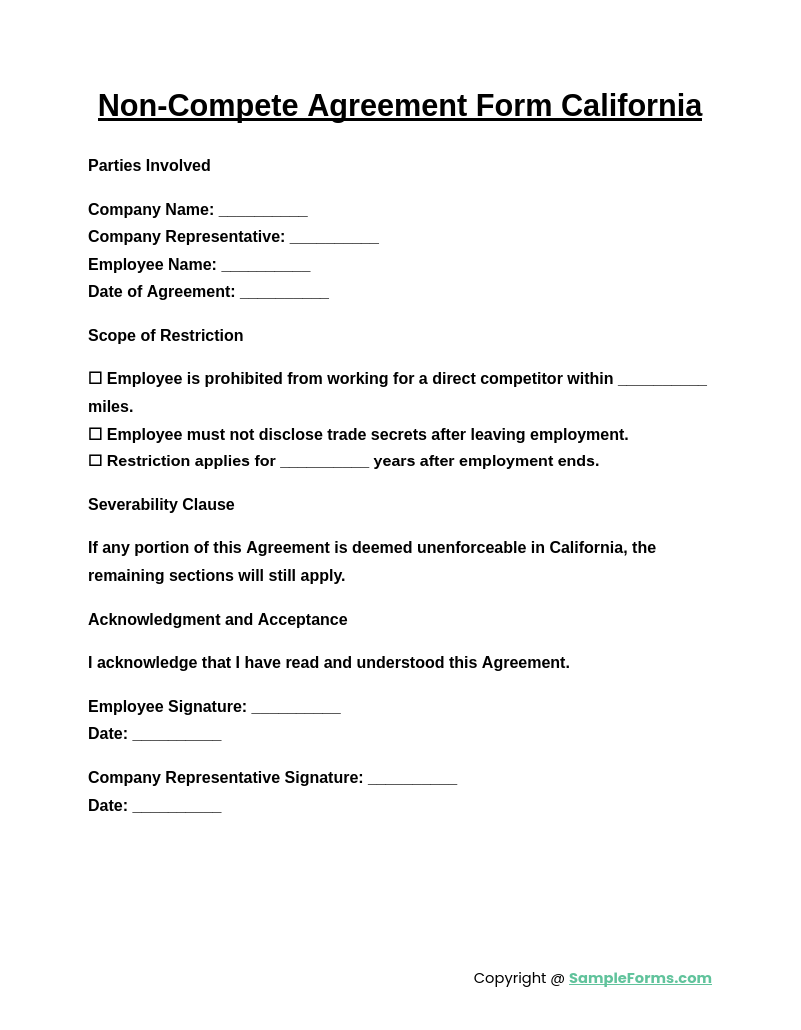 non compete agreement form california