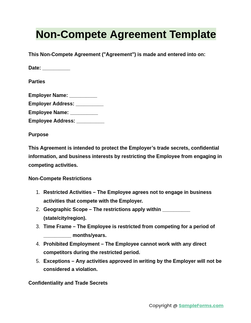 non compete agreement template