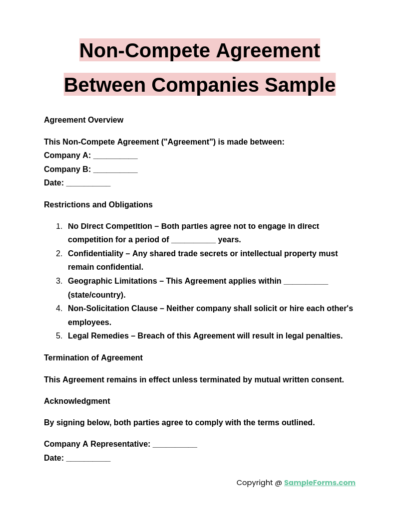 non compete agreement between companies sample