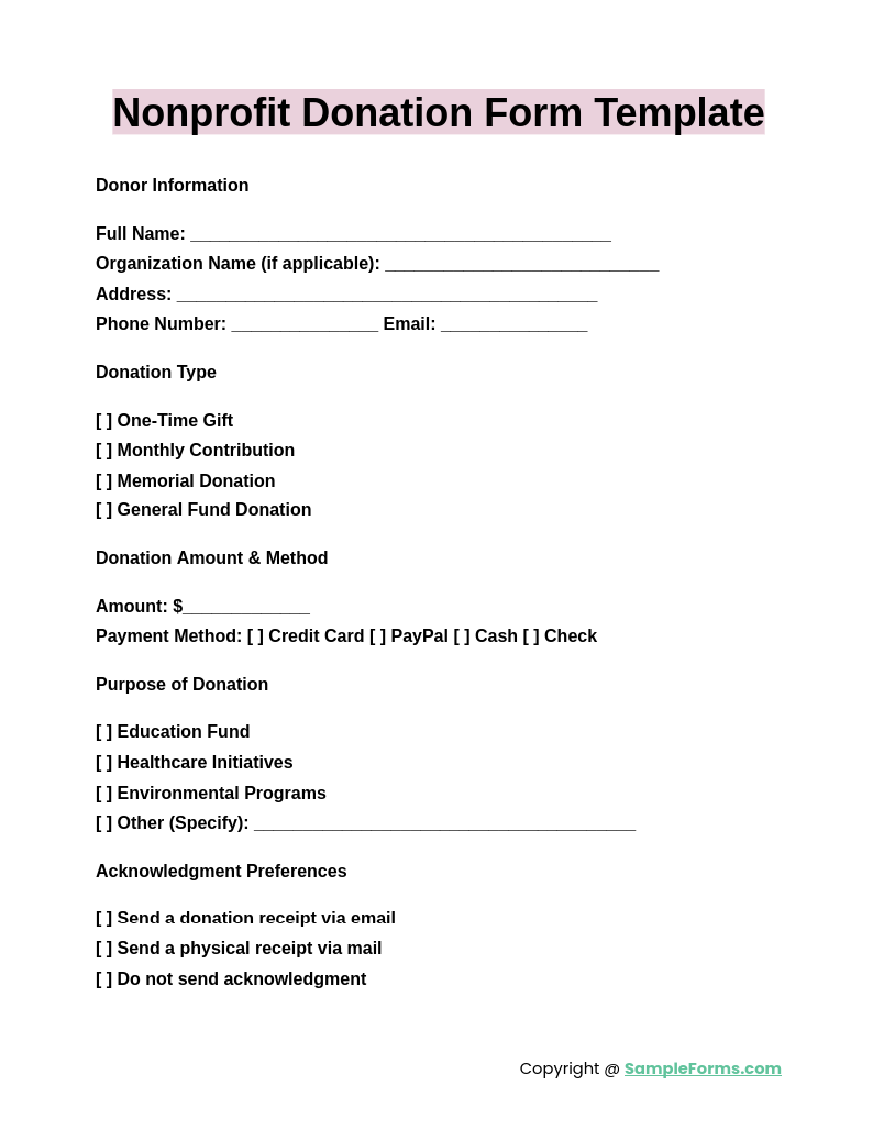 nonprofit donation form template