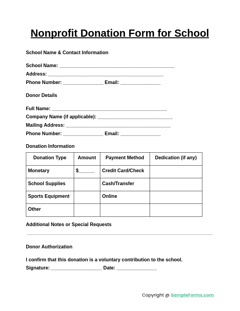 nonprofit donation form for school