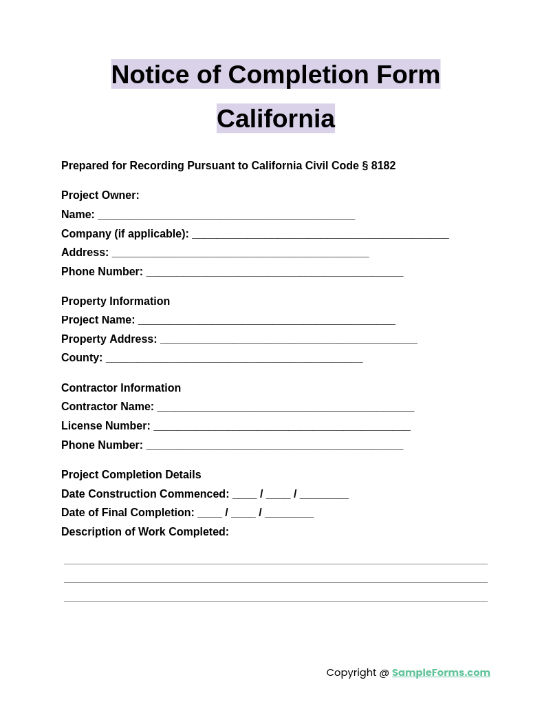 notice of completion form california