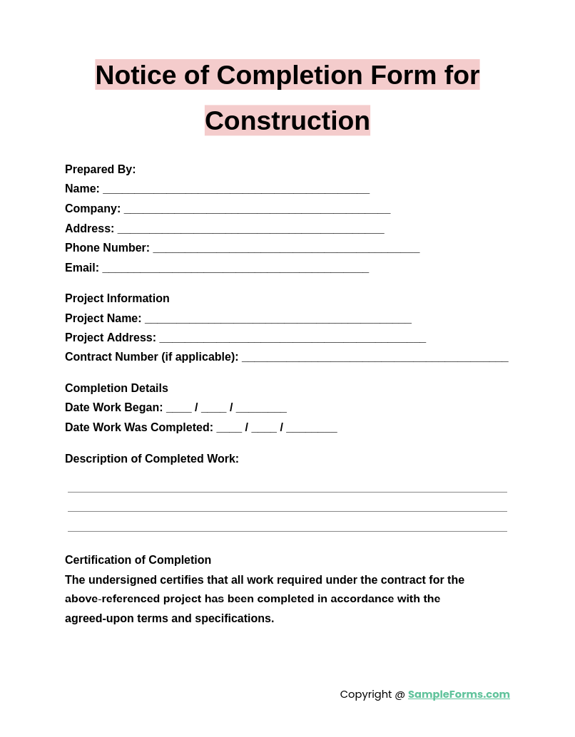 notice of completion form for construction