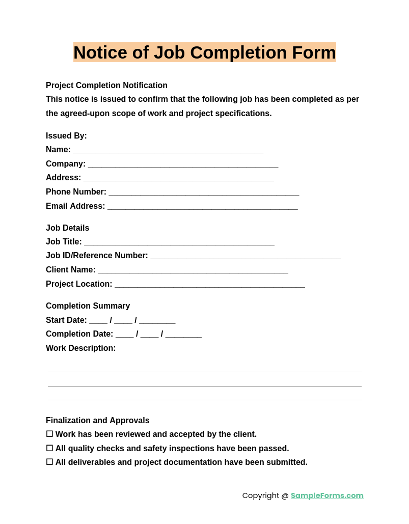 notice of job completion form