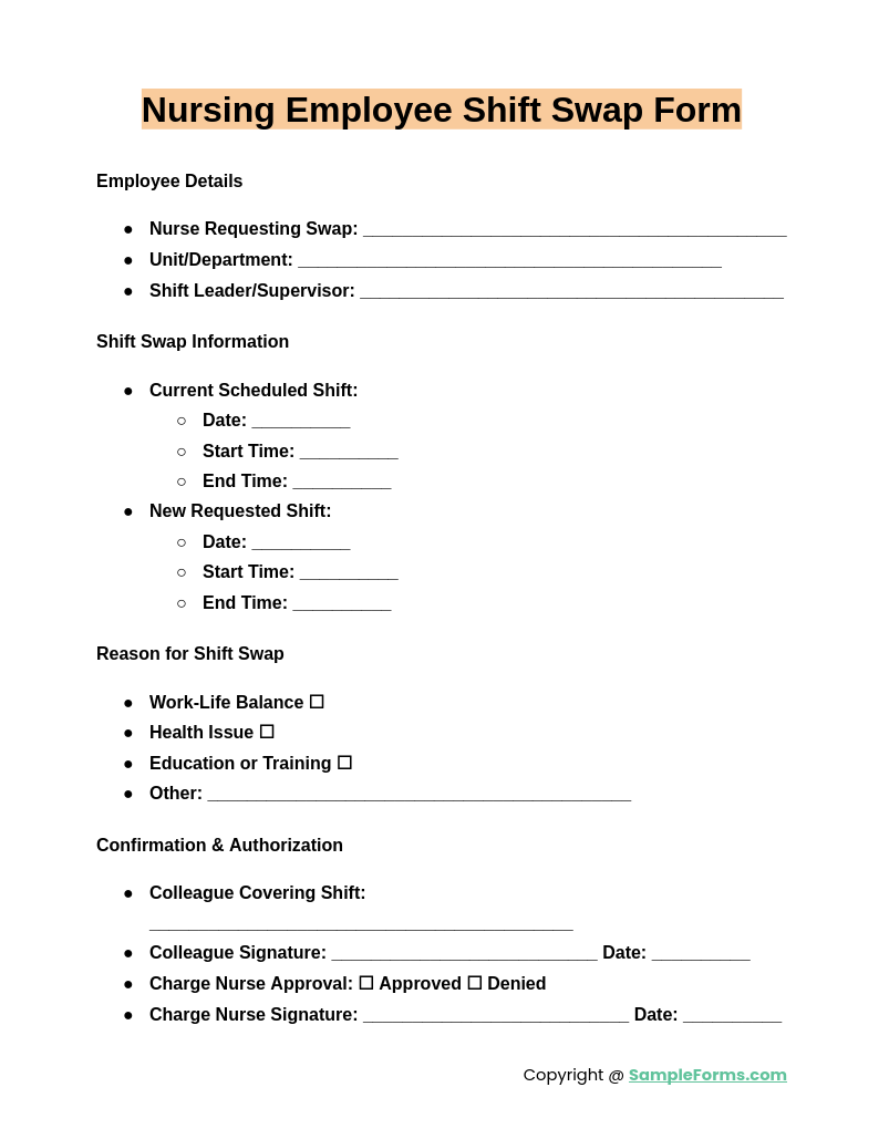 nursing employee shift swap form