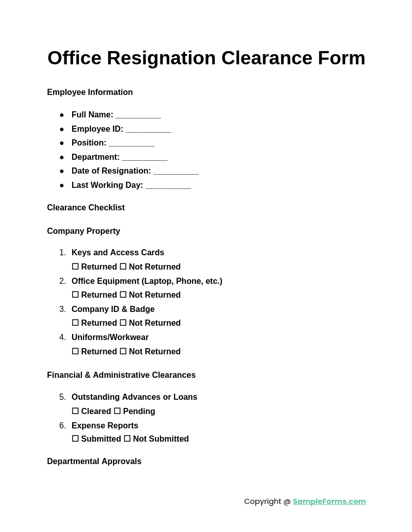 office resignation clearance form