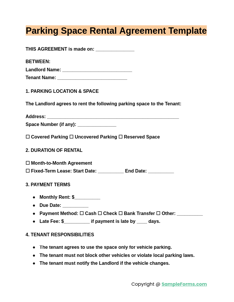 parking space rental agreement template