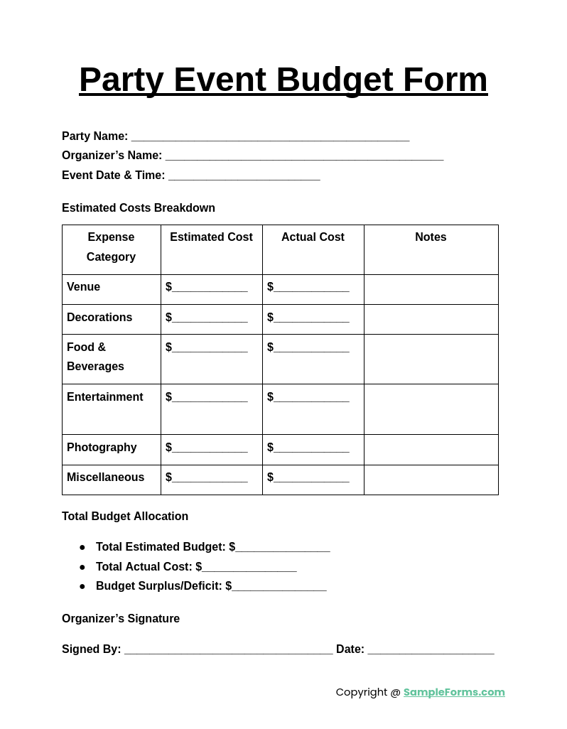 party event budget form