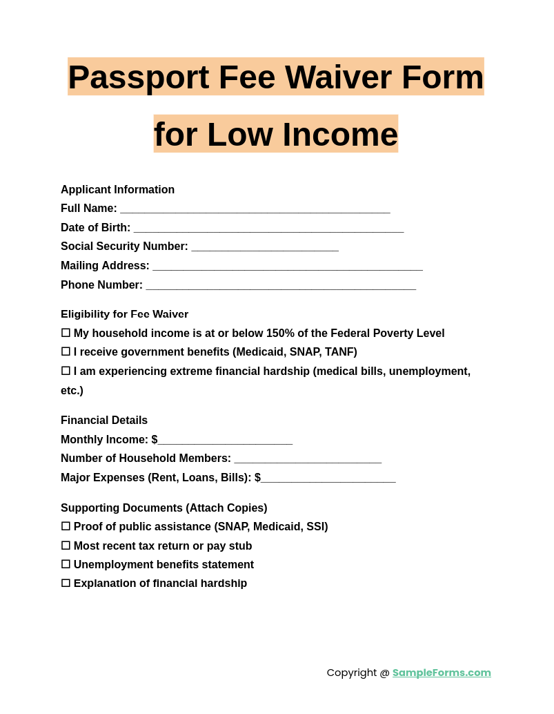 passport fee waiver form for low income