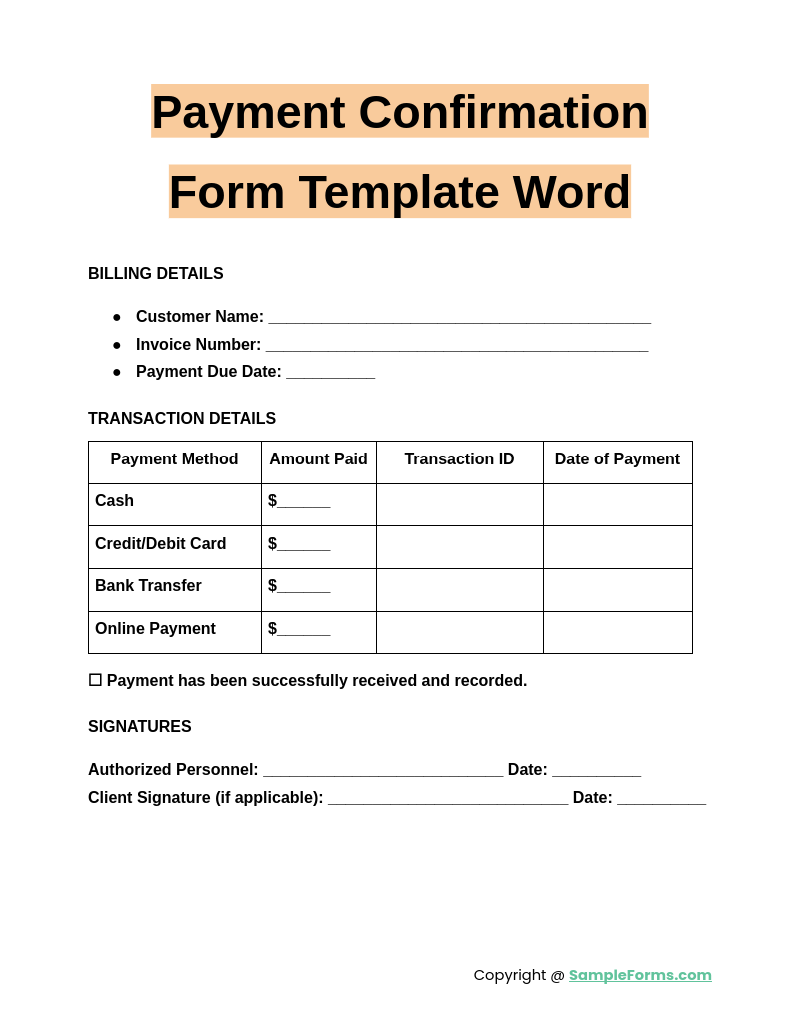 payment confirmation form template word