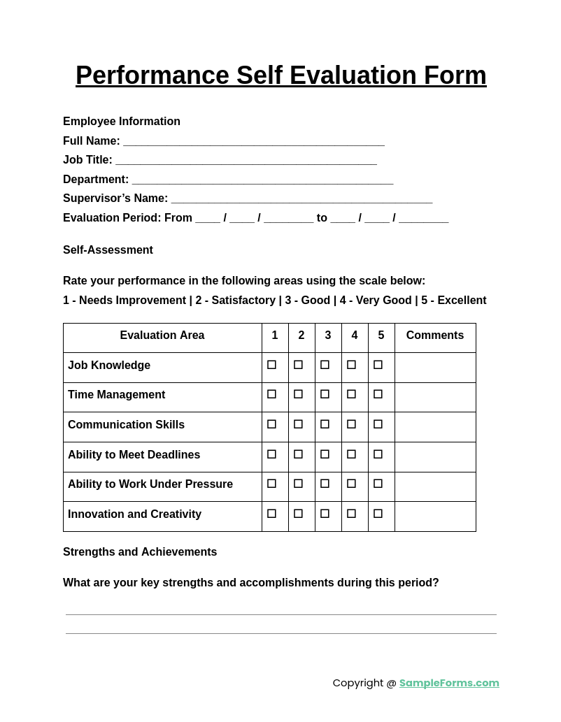 performance self evaluation form