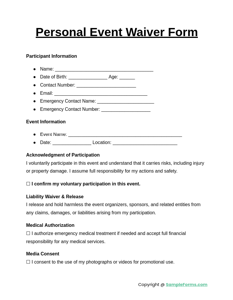 personal event waiver form