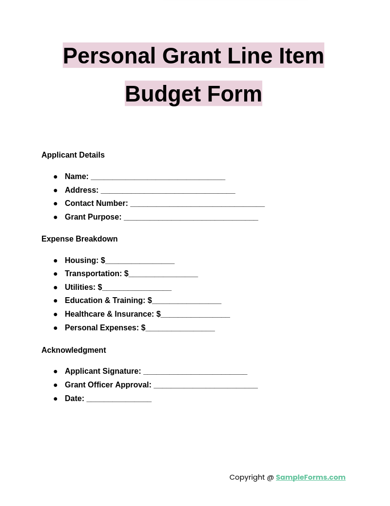 personal grant line item budget form