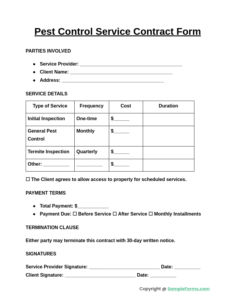 pest control service contract form