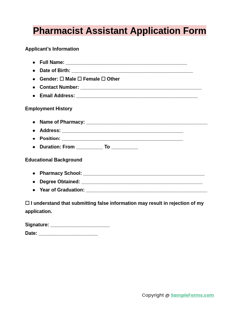 pharmacist assistant application form