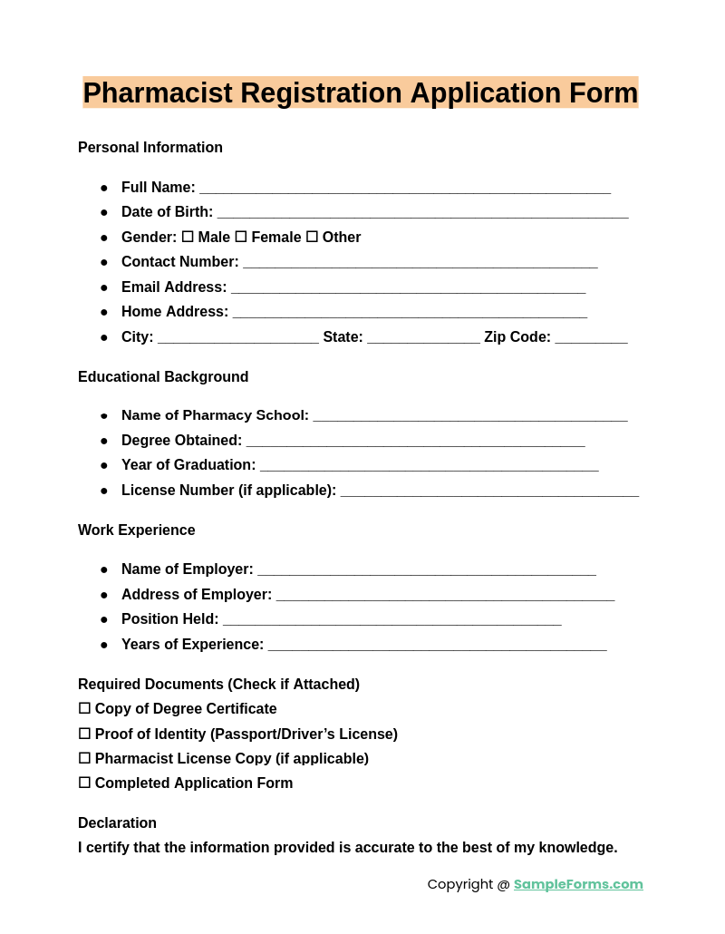 pharmacist registration application form