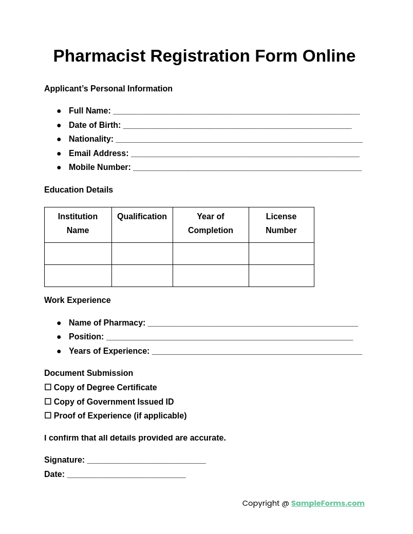 pharmacist registration form online