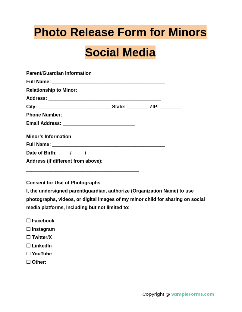 photo release form for minors social media