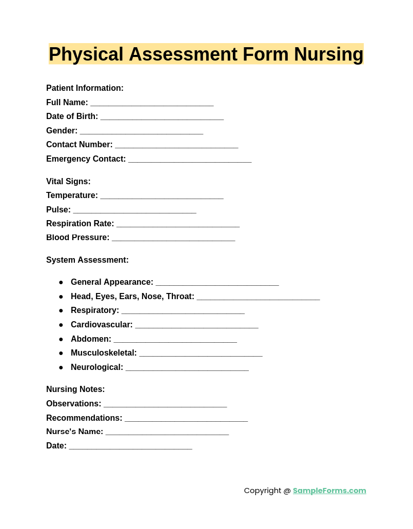 physical assessment form nursing