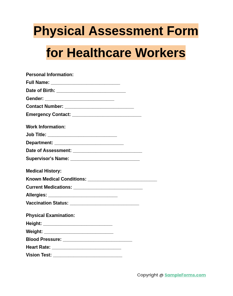 physical assessment form for healthcare workers