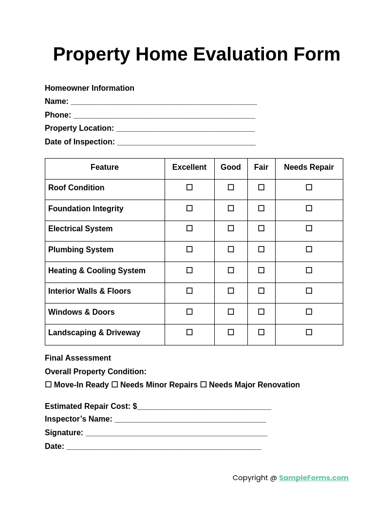 property home evaluation form