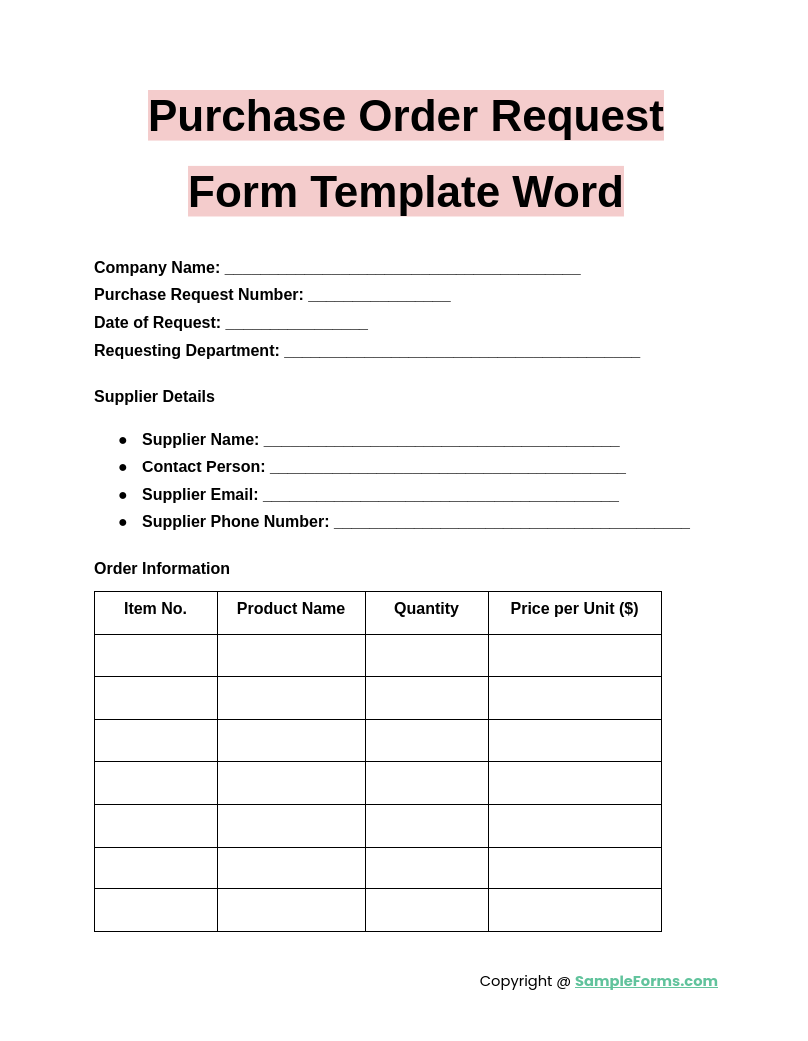 purchase order request form template word