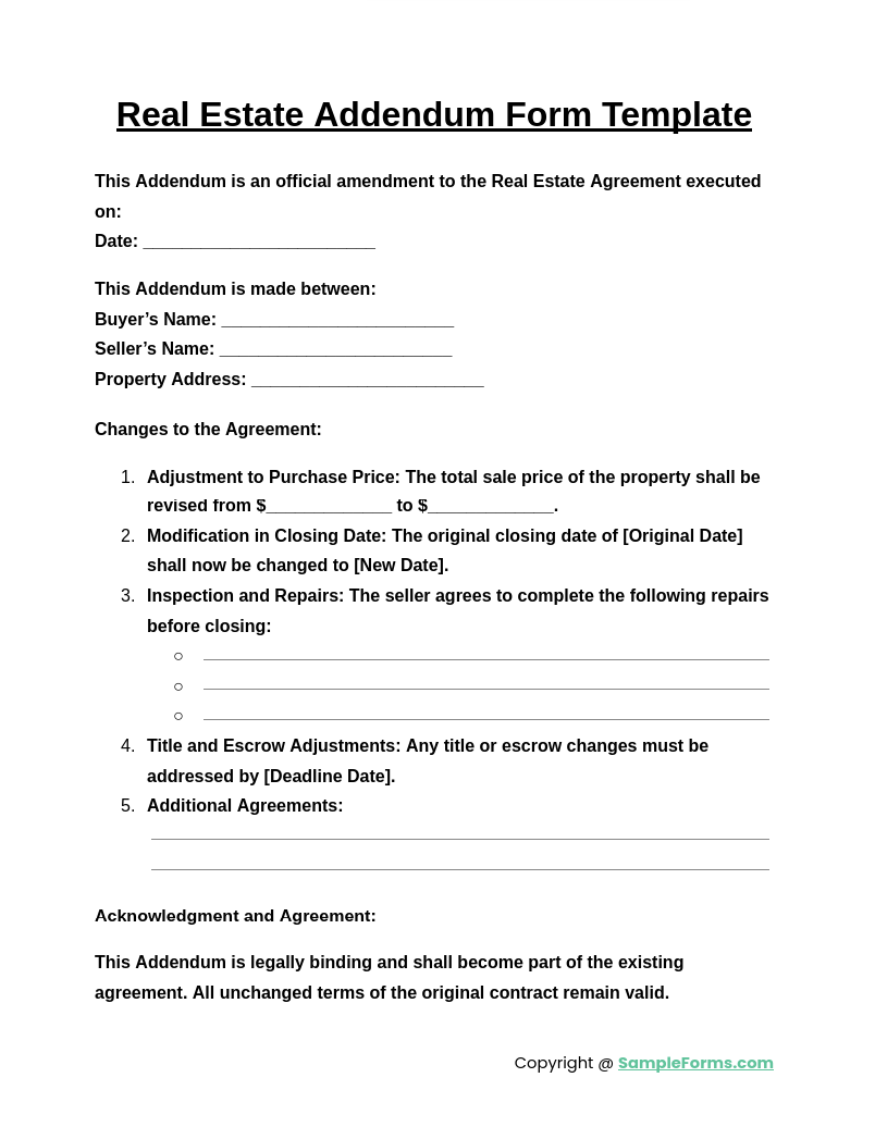 real estate addendum form template