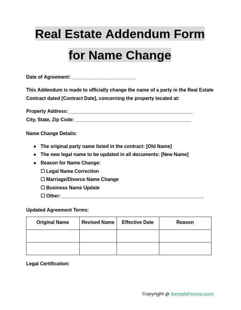 real estate addendum form for name change