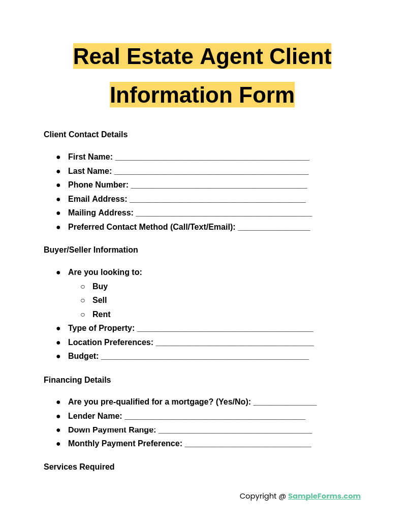 real estate agent client information form