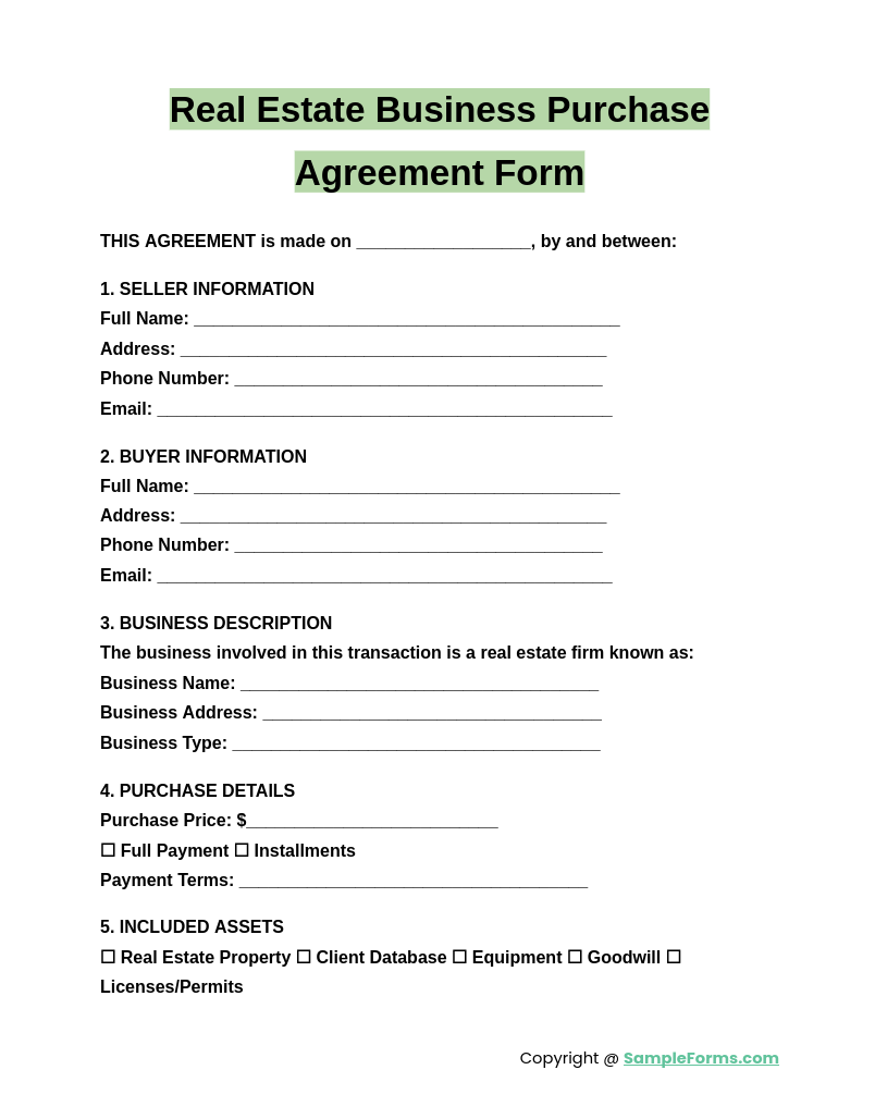 real estate business purchase agreement form