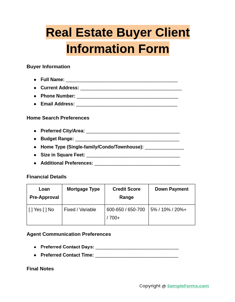 real estate buyer client information form