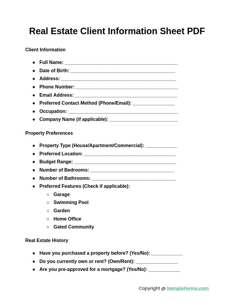 real estate client information sheet pdf