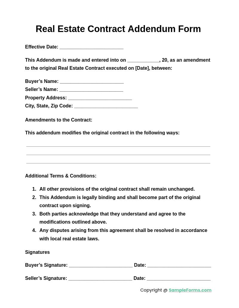 real estate contract addendum form