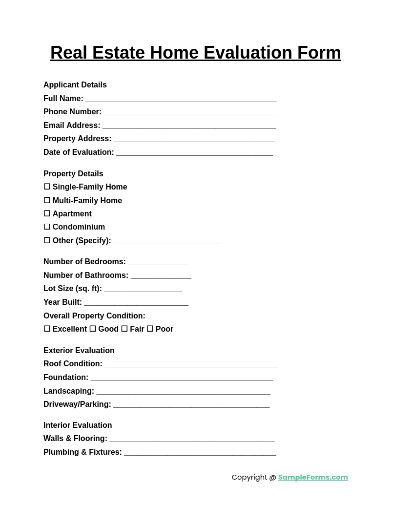 real estate home evaluation form