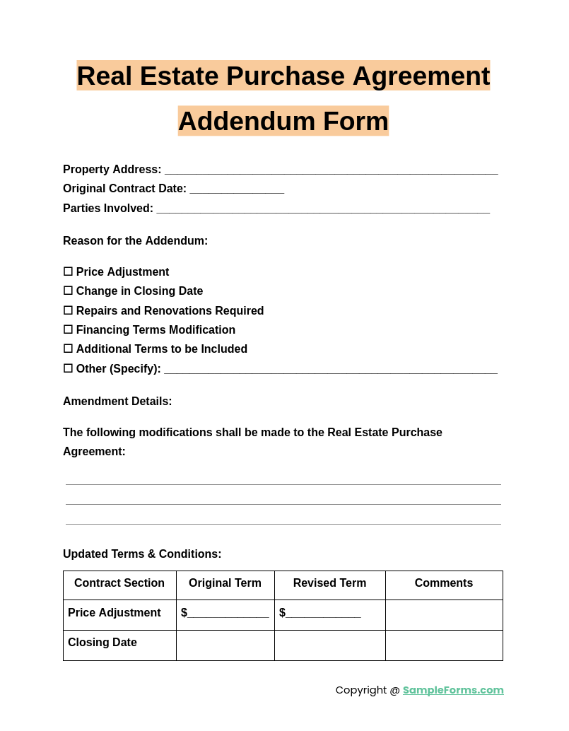 real estate purchase agreement addendum form