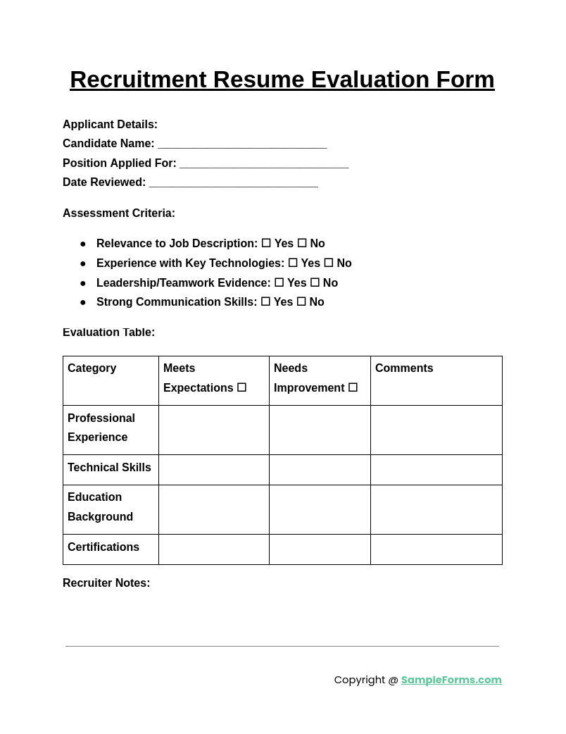 recruitment resume evaluation form