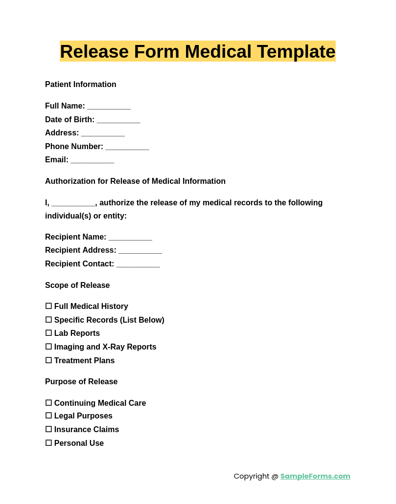 release form medical template