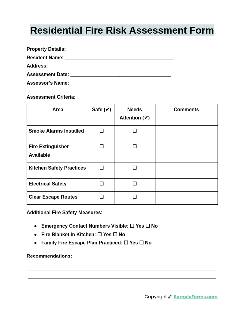 residential fire risk assessment form