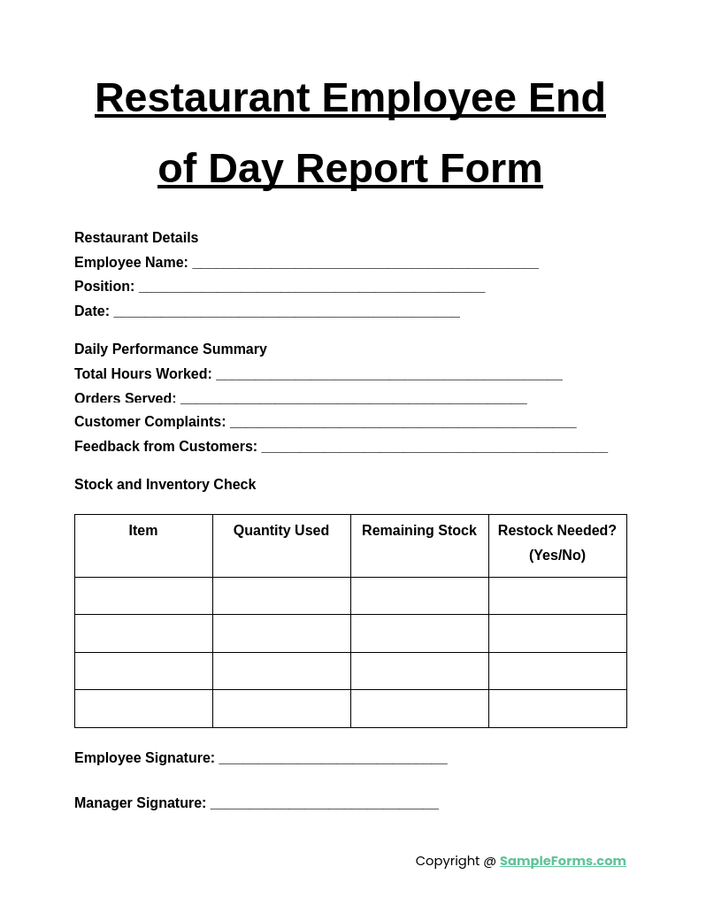 restaurant employee end of day report form