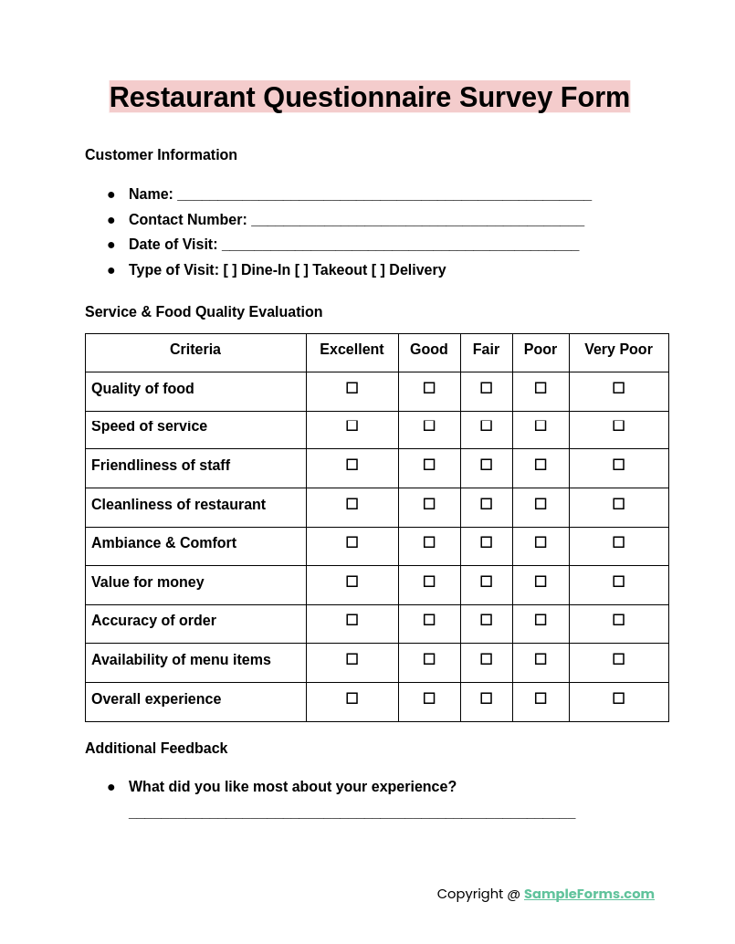 restaurant questionnaire survey form