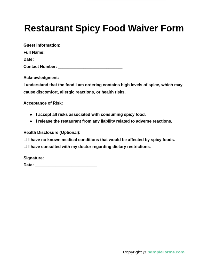 restaurant spicy food waiver form