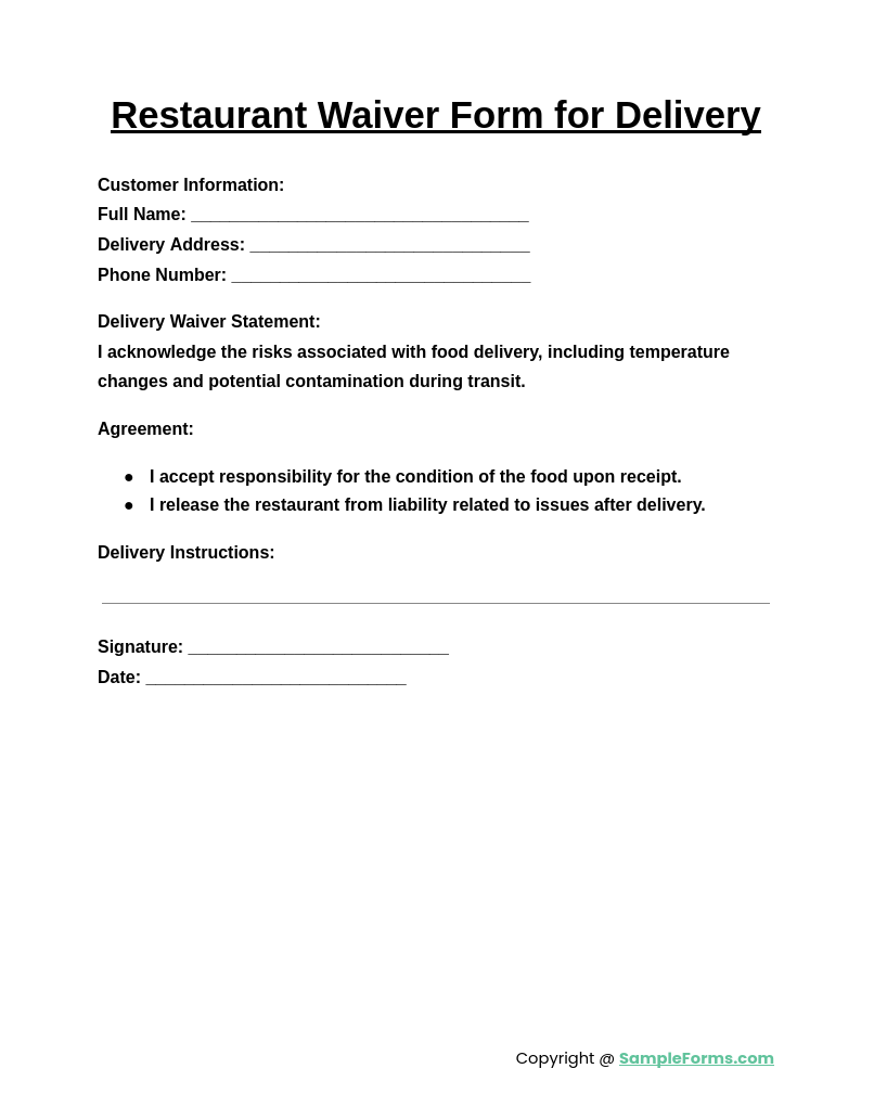 restaurant waiver form for delivery