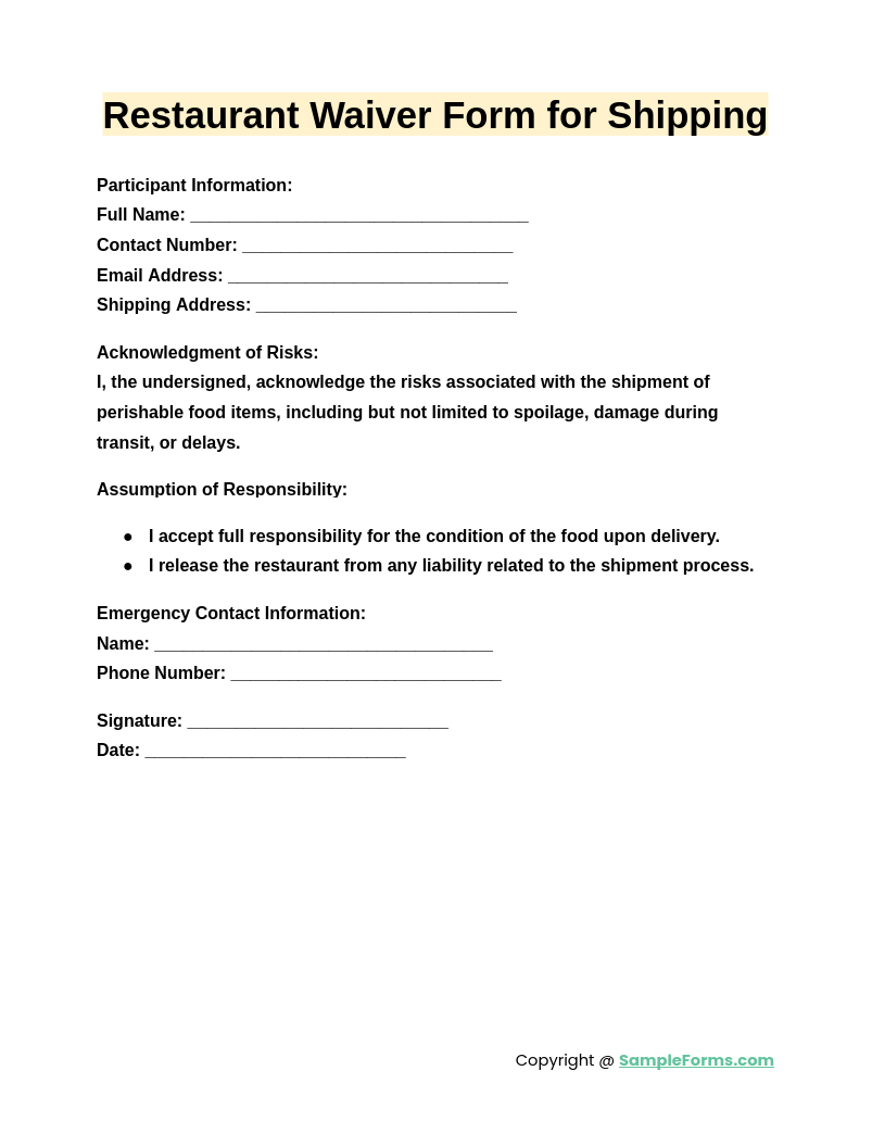 restaurant waiver form for shipping